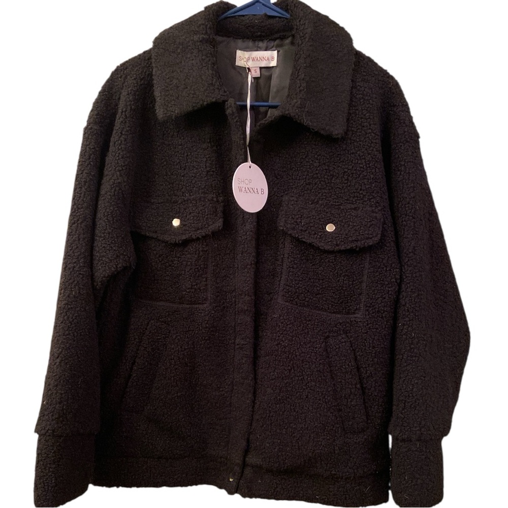 NWT Shop Wanna B Soft Fleece Black Jacket Pockets Lined Snap Closures WM SZ S